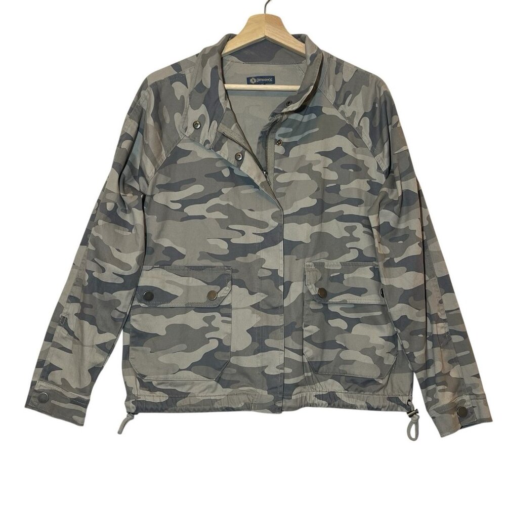 Democracy Camo Jacket Women's Small Size Gray Drawstring Bottom Zipper Cotton - Picture 1 of 11